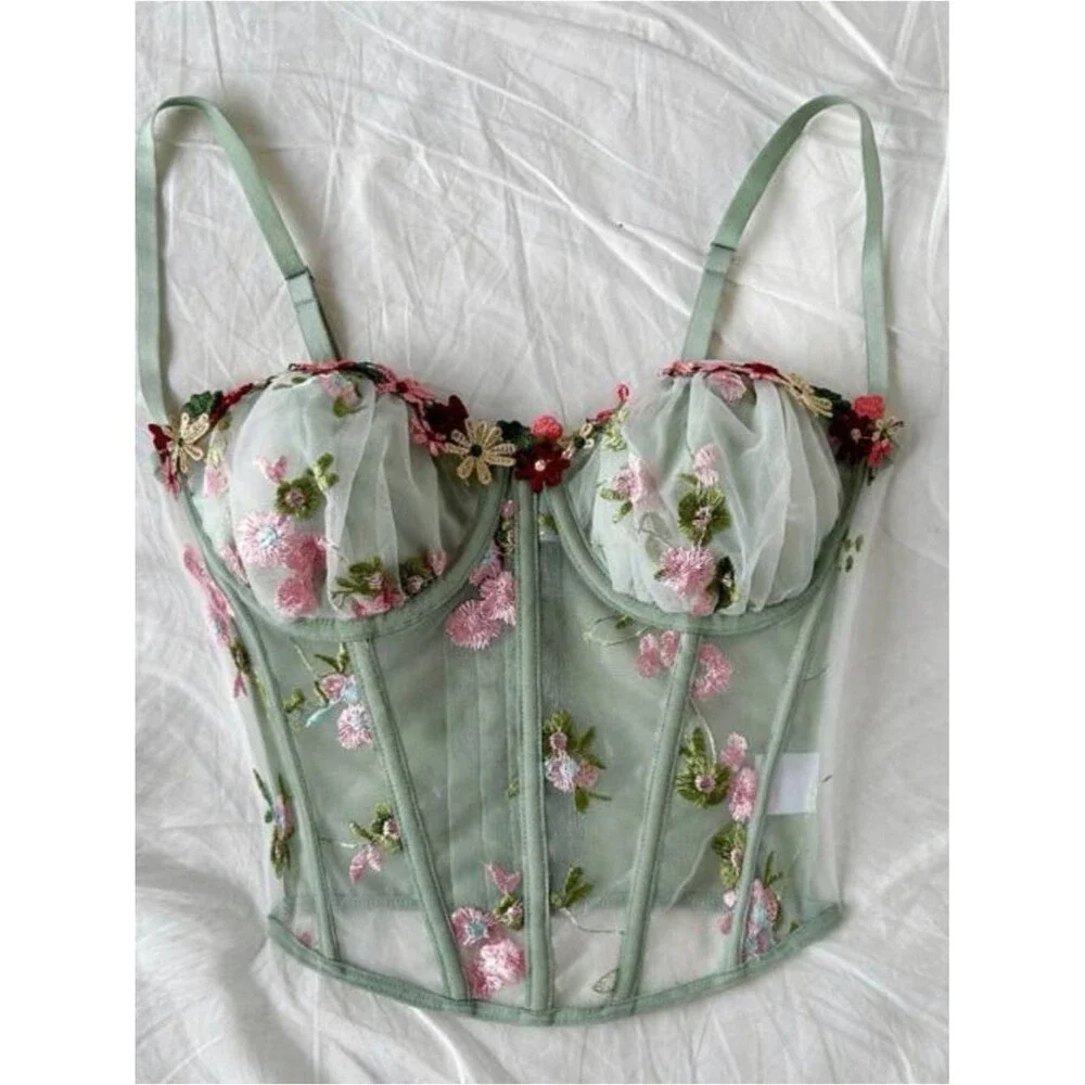 Womens Sheer Floral Embroidered Fairy Bustier Top Size S Coquette Festival Boho